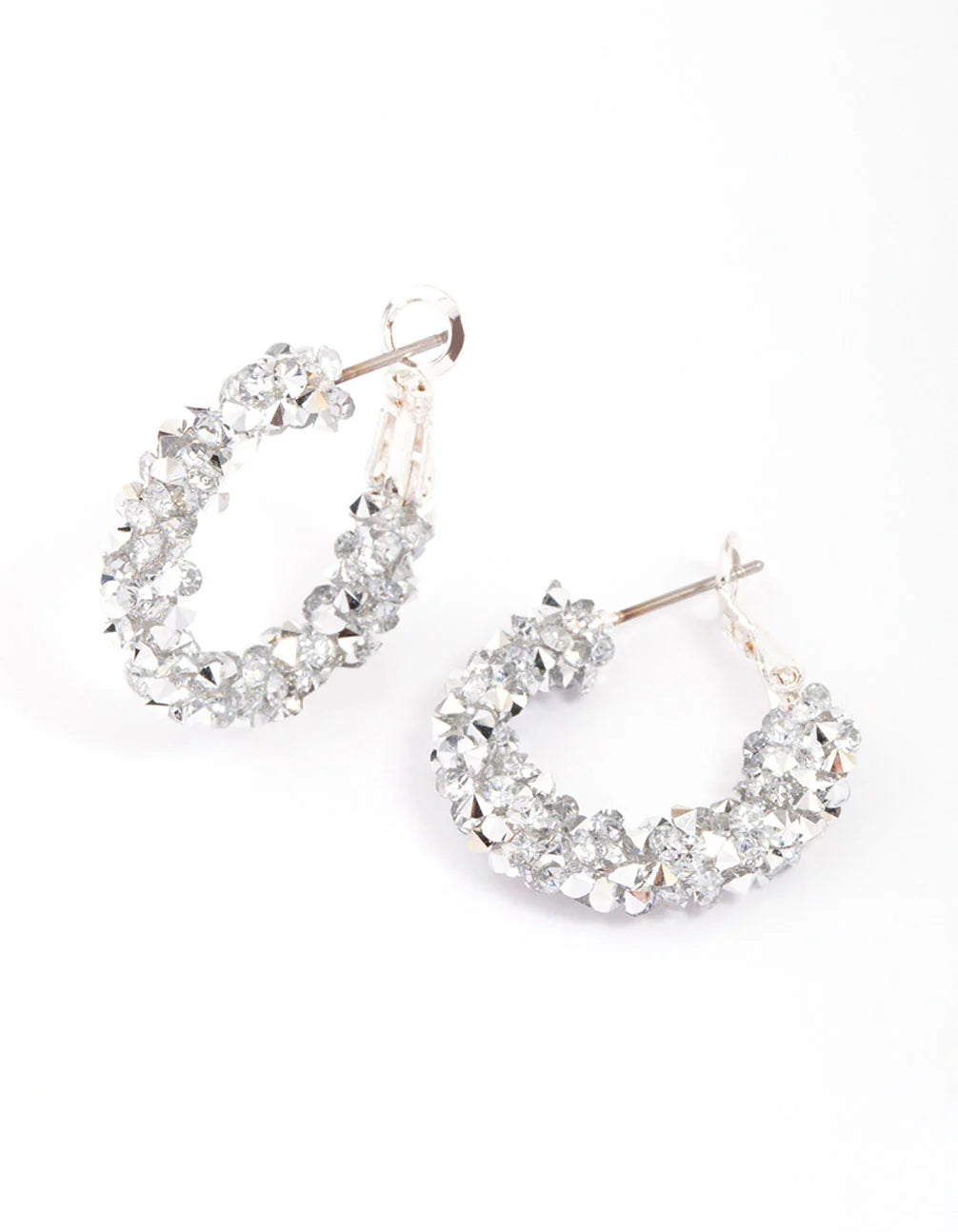 Silver Fashion Hoop Earrings Featuring Crushed Stone and Sparkling Diamantes