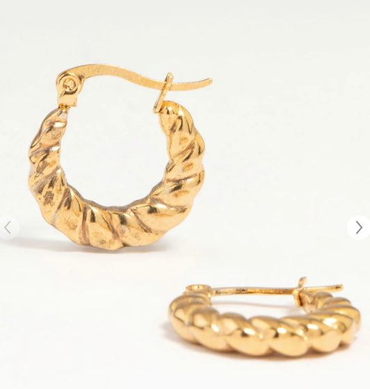 Gold Plated Stainless Steel Textured Crescent Hoop Earrings