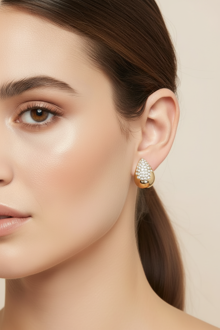 Teardrop Gold Plated CZ Cluster Stud Earring